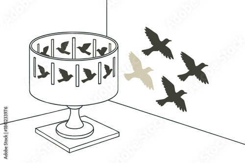 Zoetrope Bird Shadows. Zoetrope cylinder casting shadow of flying bird sequence on nearby wall, first in line style with thin