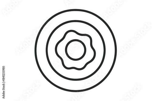 Egg Yolk Sun. Bright egg yolk positioned in center of plate resembling a glowing sun, first in line style with thin outline,