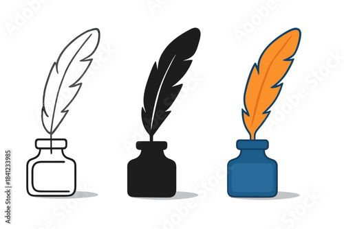 Stylized Quill Trio. Feather quill standing upright in ink pot casting soft shadow on surface, first in line style with thin