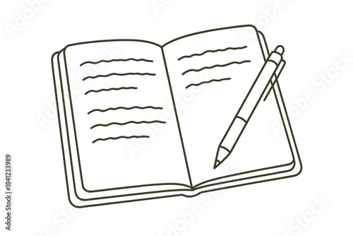 Creative Journal Styles. Open analog journal with handwritten notes and pen resting across page, first in line style with thin