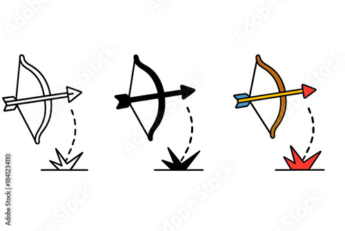 Arrow's Dynamic Journey. Arrow released from bow, flight trajectory, impact mark, first in line style with thin outline, second in