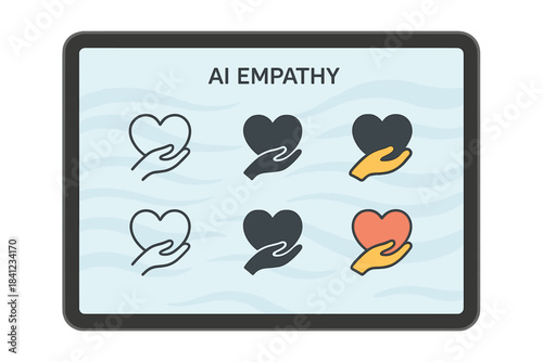 AI Empathy Display. Tablet displaying AI empathy interface with animated comforting waves, abstract emotional support symbol,