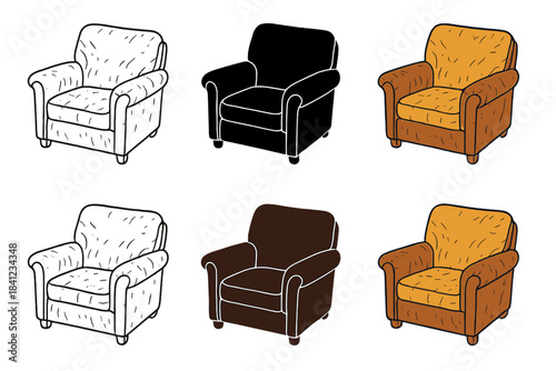 Stylized Leather Armchair. Worn leather armchair angled to show armrests and soft padding, abstract minimal vector illustration,