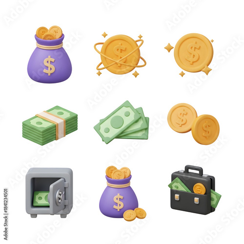 vector set of money and business related 3d icons