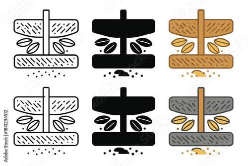 Millstone Wheat Grinding. Cross-section of millstone pair crushing heritage wheat kernels, simple precise depiction of grinding