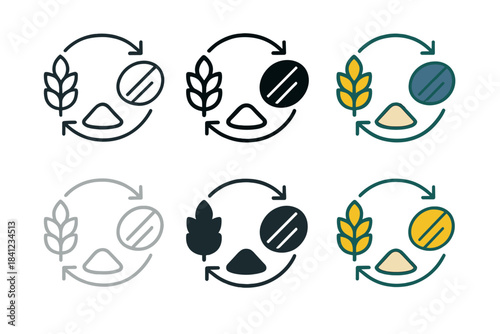 Milling Cycle Emblem. Abstract emblem of milling cycle—grain, stone, flour—arranged in continuous circular flow, clean symbolic