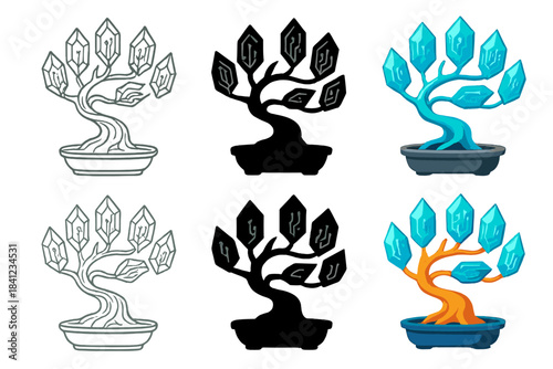 Futuristic Crystal Bonsai. Futuristic bonsai with crystalline leaves storing digital memories, elegant union of tradition and