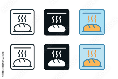 Oven Icon Variations. Minimal oven chamber icon with glowing loaf and vapor lines, expressing controlled environment for crust