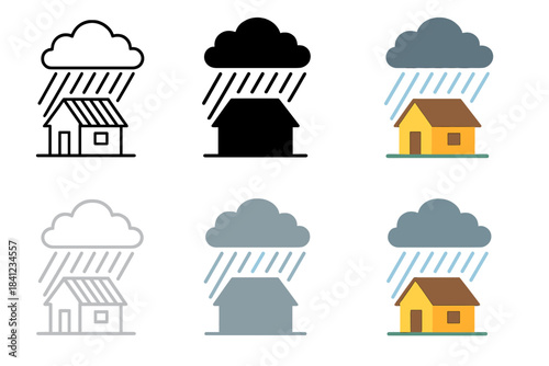 Stormy Rural Silhouettes. Silhouette of small house with tin roof under storm, rain lines cascading diagonally, simple rural