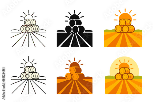 Sunset Hay Bale Trail. Tractor trail leading toward stacked hay bales glowing in sunset light, simple geometric farming