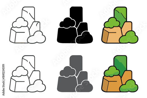 Geometric Stone and Moss. Abstract geometric arrangement of stone blocks and moss clusters, visual metaphor of stability and