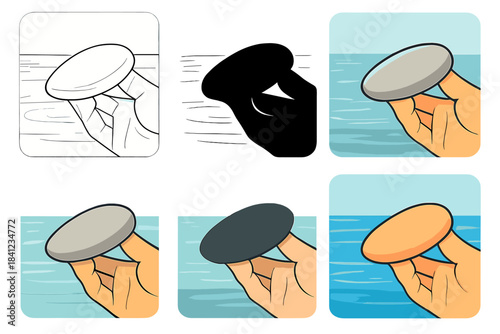 Skipping Stone Variations. Close-up of smooth skipping stone in hand, curved form ready to launch across reflective water, calm