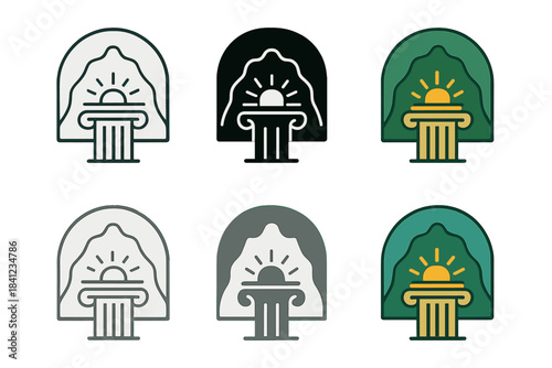 Harmony of Structure and Nature. Abstract emblem combining column pattern, cave arch, and light beam motif, representing harmony