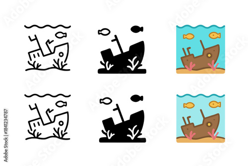 Underwater Wreck Icons. Ancient shipwreck resting on seafloor with coral growth and fish, minimalist icon collection, first in
