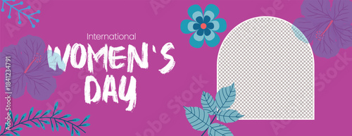 Women’s Day 8 March floral background website banner design, editable horizontal social media cover header template, elegant greeting card layout with space for image