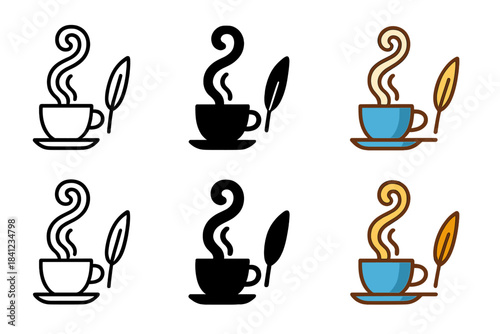 Cat Tail Coffee Icon. Cat tail curling into steam rising from a coffee cup beside a quill, clean geometric icon pack, first in