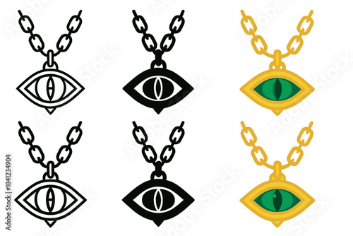 Dragon Eye Pendant. Dragon eye pendant hanging from a linked chain, elegant minimal vector design, first in line style with thin