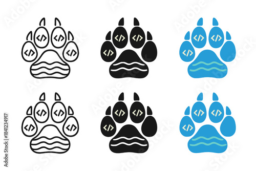 Wolf Paw Symbolism. Wolf paw print with river waves and code symbols inside each pad, clean geometric vector icons, first in line