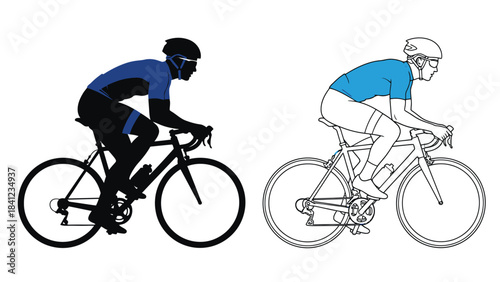 Two cyclists depicted in silhouette and line art showcasing dynamic movement