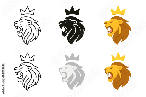 Majestic Lion Crown. Sun-shaped crown resting above a roaring lion’s head, elegant minimal vector design, first in line style with