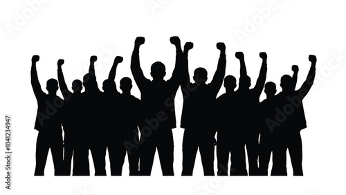 A crowd of silhouettes raising their arms in a gesture of celebration