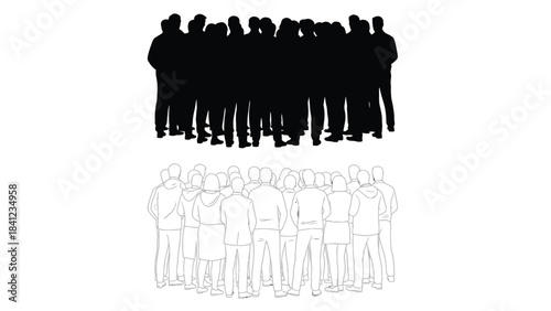 Silhouettes of people gathered closely together a group forming a unified shape