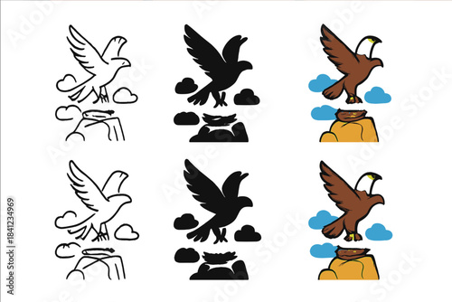 Eagle's Ascent. Eagle flying upward from a cliff nest outlined by clouds and rocks, clean geometric vector icons, first in line