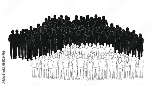 A large crowd of silhouetted people divided into dark and light groups