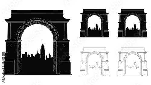Silhouettes of architectural arches with city skylines and building details
