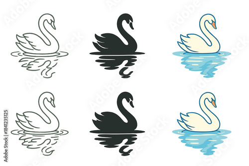 Symmetrical Swan Reflections. Swan Lake Reflection, stylized design with smooth curves, gentle ripples, and perfect symmetry of