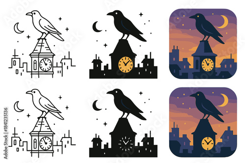 Crow on Clock Tower. Crow Clock Tower, mysterious urban icon showing a crow perched atop an old clock tower under twilight, first