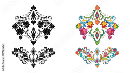 Intricate floral designs in black and vibrant colorful patterns symmetrical art