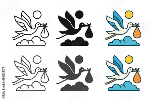 Stork Delivery Artistry. Stork Bundle Delivery, elegant geometric composition representing motion, nurture, and serene sky balance