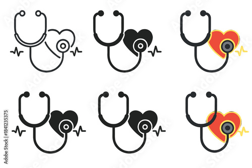 Stethoscope Heart Variations. Doctor’s stethoscope placed over glowing heart icon, subtle vibration lines, first in line style