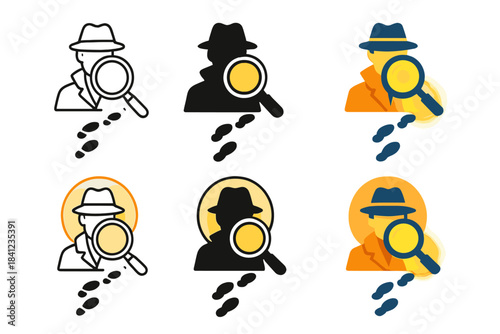 Footprints to Discovery. Footprint path leading into magnifying lens glow, minimalist detective symbol, first in line style with