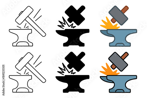Dynamic Hammer Strike. Close-up hammer impact on anvil corner, sparks flying diagonally upward, strong dynamic tension, first in