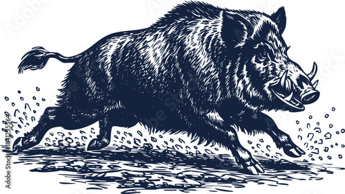 Aggressive Wild Boar Charging Forward in Woodcut Style animal wildlife