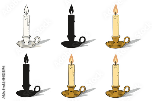 Candle Styles Showcase. Tall candle in holder with flickering flame and shadow stretching to side, elegant calm mood, first in