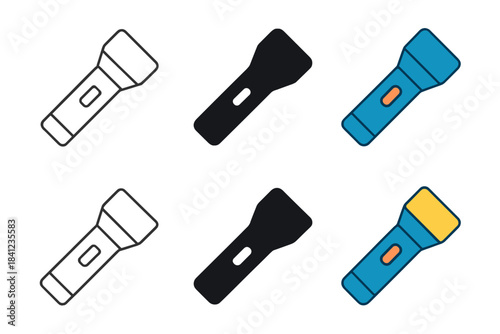 Geometric Flashlight Evolution. Handheld flashlight tilted forward with wide beam cone illuminating space, balanced geometric form