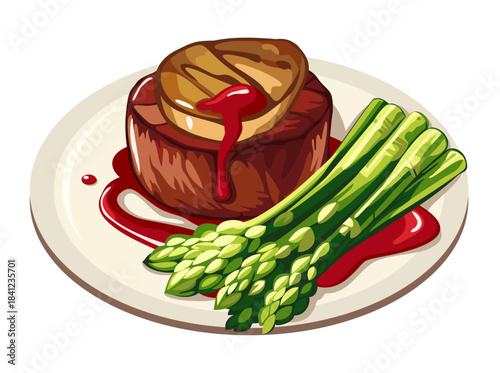 Mignon steak with foie gras and asparagus, berry sauce. Vector illustration