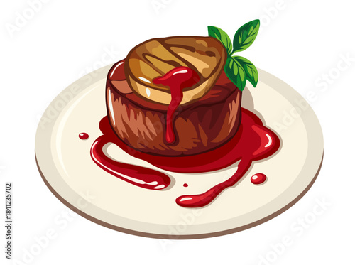 Mignon steak with foie gras and berry sauce. Vector illustration