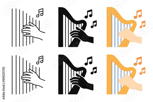 Harpist's Artistic Expression. Musician’s hands plucking harp strings with floating notes, first in line style with thin outline,