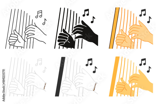Harpist's Artistic Expression. Musician’s hands plucking harp strings with floating notes, first in line style with thin outline,