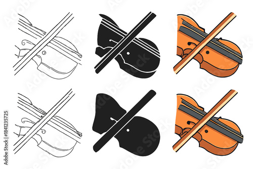 Violin Strings Artistry. Close-up of violin strings being played with bow, first in line style with thin outline, second in solid