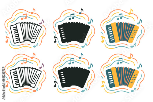 Accordion Melody Swirls. Accordion silhouette with colorful melody lines swirling around, first in line style with thin outline,