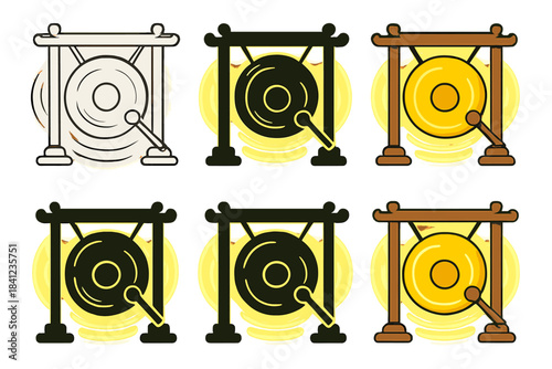 Temple Gong Vibrations. Temple gong with glowing vibration lines and sound arcs, first in line style with thin outline, second in