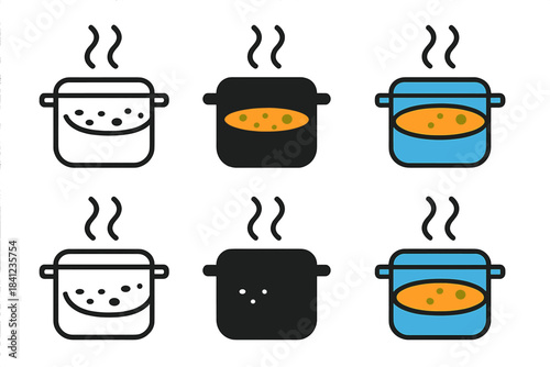 Simmering Soup Pot Styles. Pot icon with simmering soup and vapor rising in curves, first in line style with thin outline, second