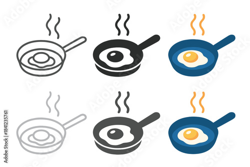 Egg Frying Styles. Stylized frying pan with egg and visualized sizzling motion, first in line style with thin outline, second in