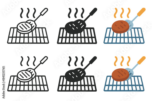 Burger Flip Styles. Grill scene with spatula flipping burger and animated heat waves, first in line style with thin outline,