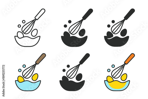Whisking Egg Icons. Whisk icon stirring eggs with rising foam and bubbles, first in line style with thin outline, second in solid
